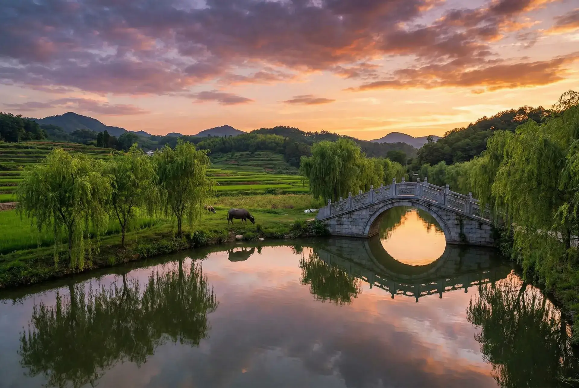 夕阳下的石拱桥与垂柳，水牛在河边吃草 - 草溜社区 乡村美景